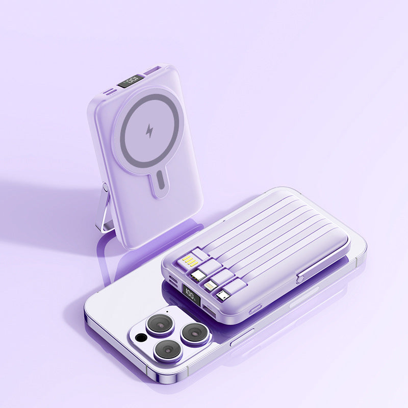 Magnetic Stand Power Bank with Wireless Charging and Built-In Cable